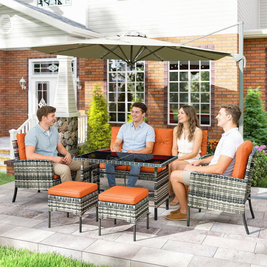 Ibiza 6 Piece Rattan Garden Furniture Set with Dining Table and Cushions, Orange