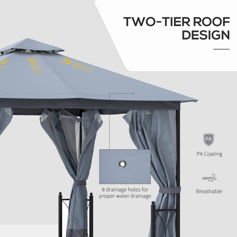 4m x 3.35m Grey Garden Gazebo with Ventilated Double-Tier Canopy & Privacy Side Panels