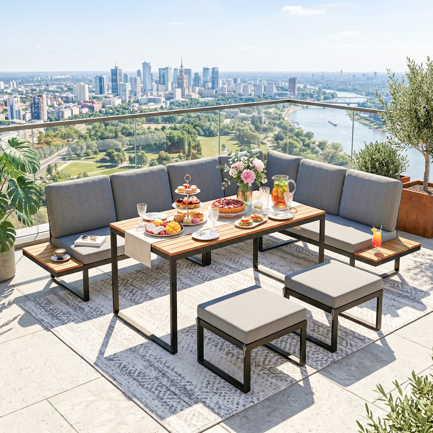 Mediterraneo Garden Furniture Set Modular Garden Sofa Set 6 Pieces with Dining Table for Garden Grey