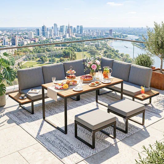 Mediterraneo Garden Furniture Set Modular Garden Sofa Set 6 Pieces with Dining Table for Garden Grey
