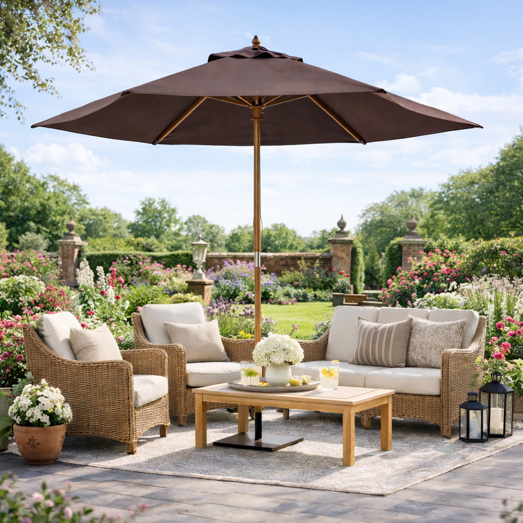 2.5m Wood Garden Parasol Sun Shade Patio Outdoor Wooden Umbrella Canopy Coffee