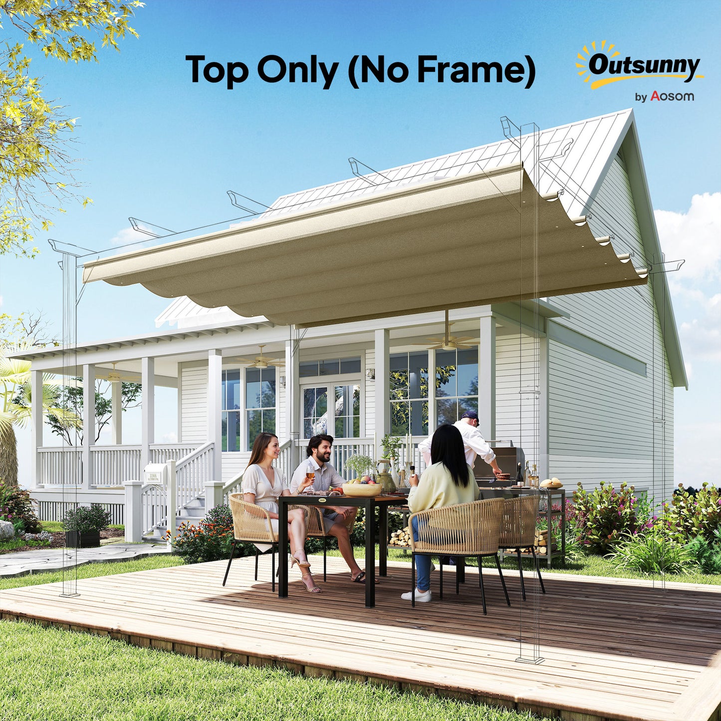 Outsunny Retractable Pergola Cover, 3.5 x 2.6 m Replacement Canopy Fabric for 4 x 3 m Frame, Roof Top Only, Beige