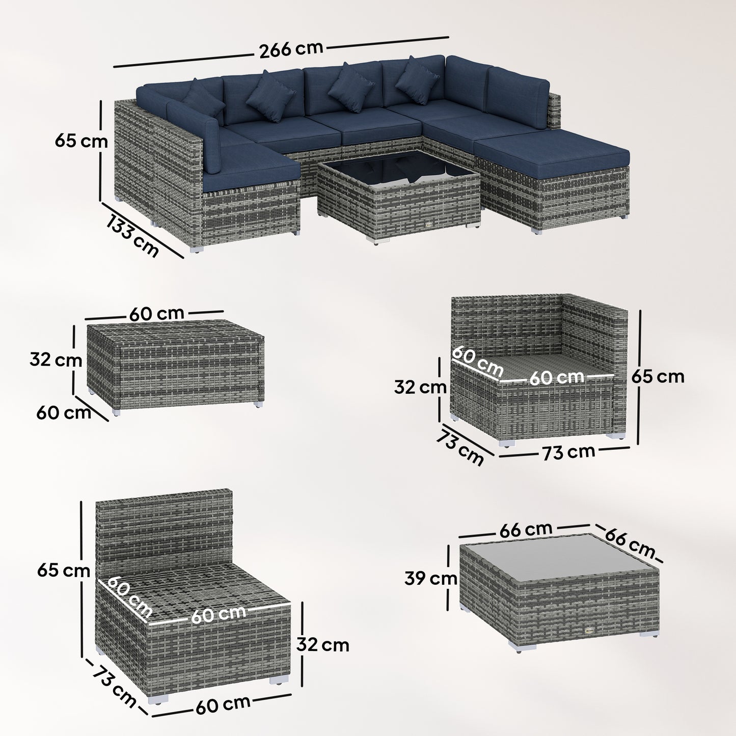 Outsunny 8 Pieces PE Rattan Corner Sofa Set, Outdoor Garden Furniture Set, Patio Wicker Sofa Seater with Cushion, Dark Blue