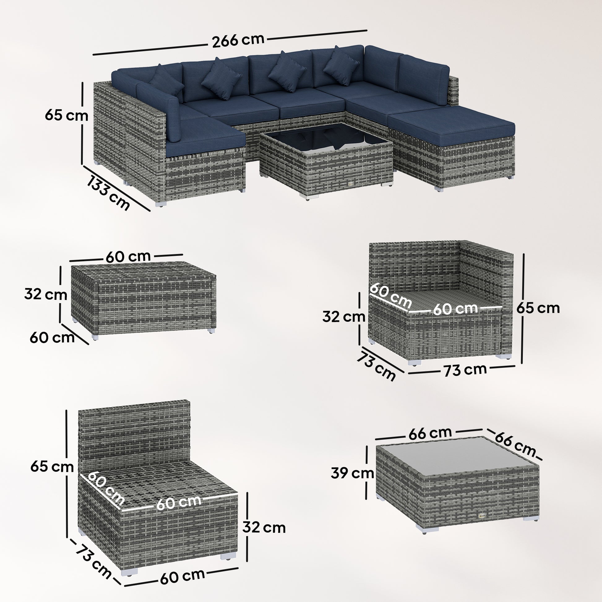 Outsunny 8 Pieces PE Rattan Corner Sofa Set, Outdoor Garden Furniture Set, Patio Wicker Sofa Seater with Cushion, Dark Blue