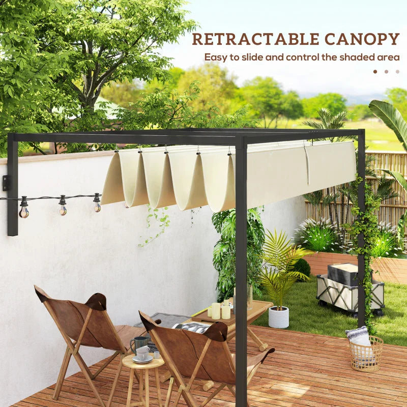 2m x 3m Lean – To Steel Pergola – Khaki Adjustable Canopy Roof, Wall Mounted Patio Shade Shelter