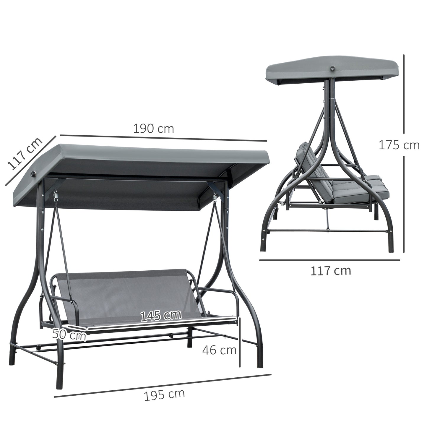 Outsunny 3 Seater Garden Swing Chair, 2 in 1 Convertible Patio Swing Seat Bed with Adjustable Canopy, Cushions and Metal Frame, Outdoor Hammock Bench Chair for Balcony, Terrace, Dark Grey