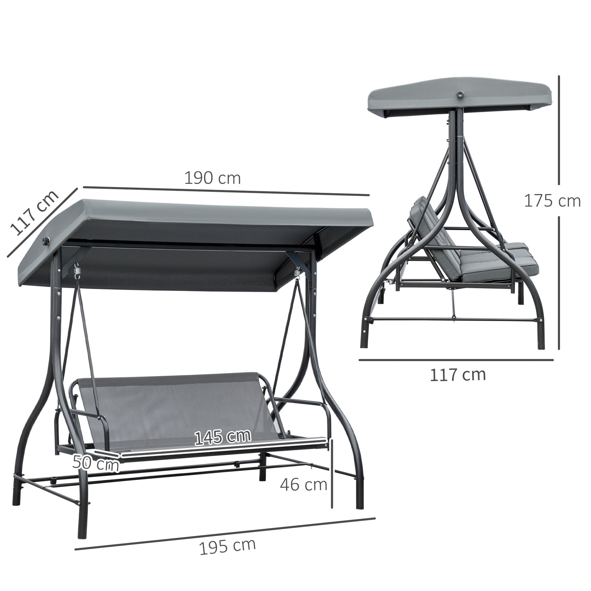 Outsunny 3 Seater Garden Swing Chair, 2 in 1 Convertible Patio Swing Seat Bed with Adjustable Canopy, Cushions and Metal Frame, Outdoor Hammock Bench Chair for Balcony, Terrace, Dark Grey