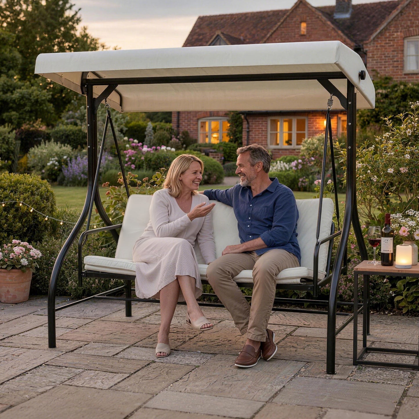 Marbella 3 Seater Garden Swing Chair, 2 in 1 Convertible Patio Swing Seat Bed with Adjustable Canopy