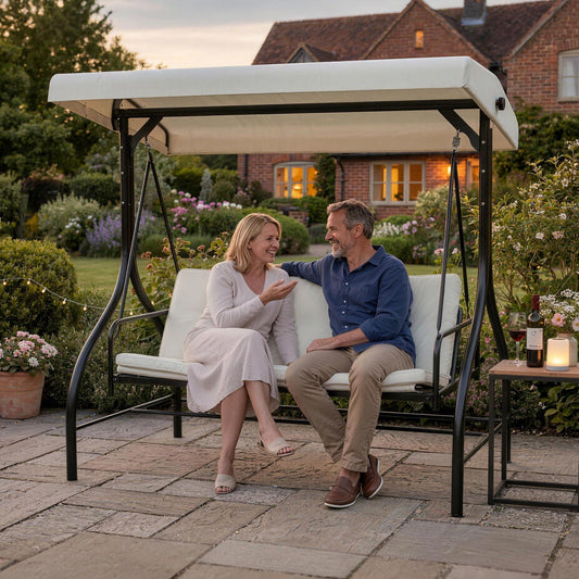 Marbella 3 Seater Garden Swing Chair, 2 in 1 Convertible Patio Swing Seat Bed with Adjustable Canopy
