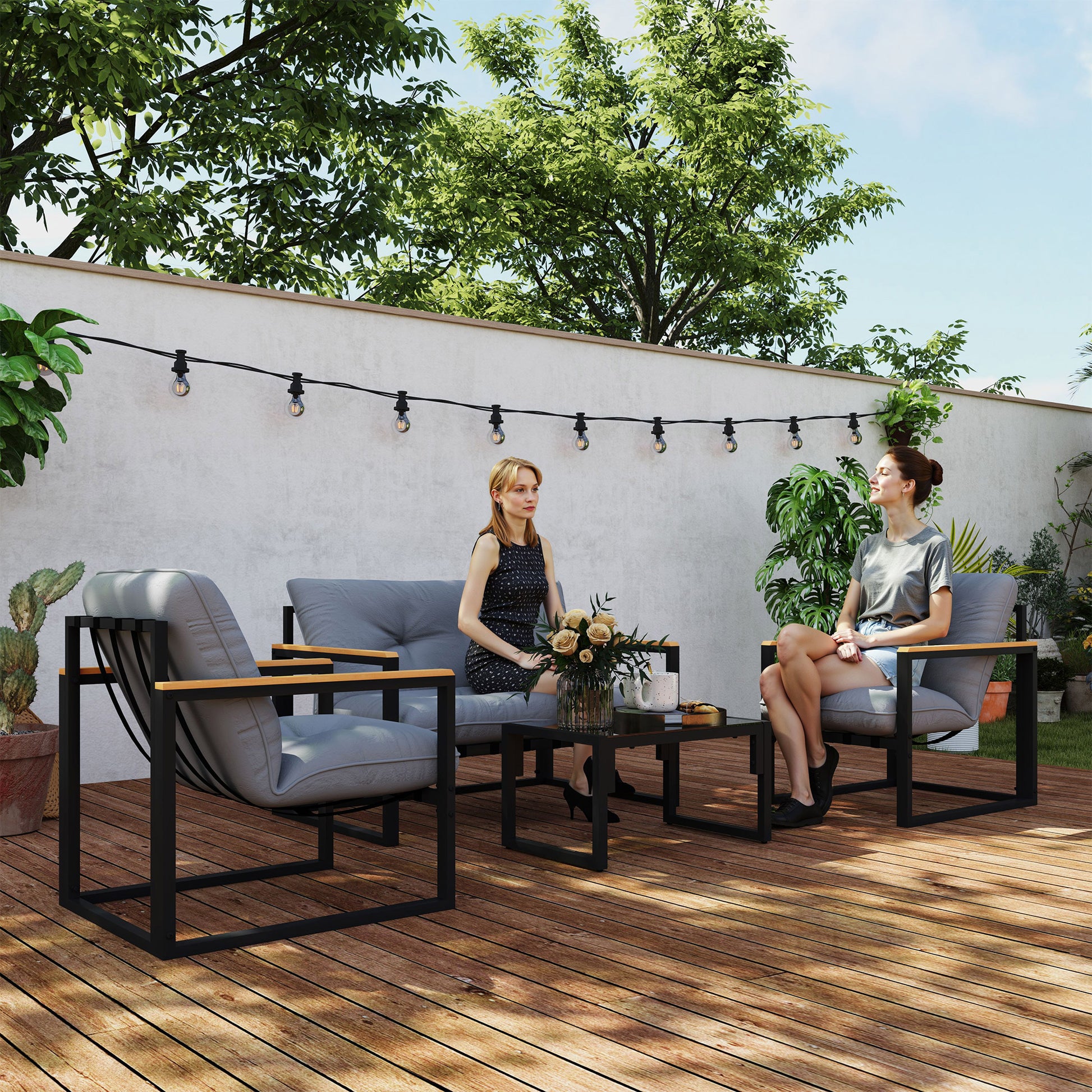 Portofino Garden Furniture Set, 4 Piece Conservatory with Loveseat Sofa, Armchairs, Glass Top Coffee Table