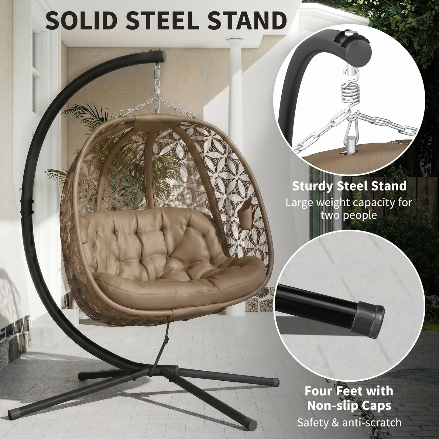 Outsunny Outdoor Double Hanging Chair with Cushion and Cup Holders, Sand Brown