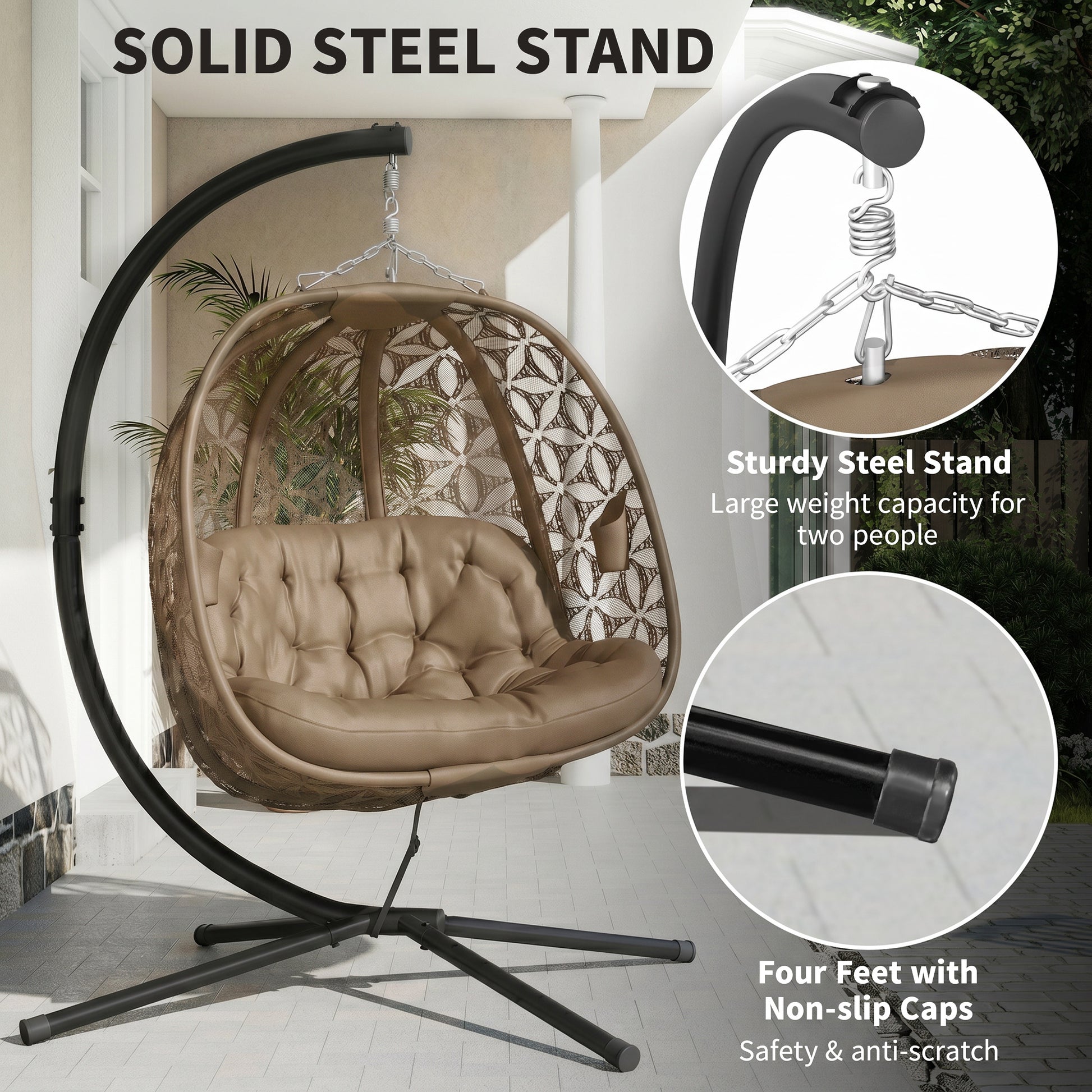 Outsunny Outdoor Double Hanging Chair with Cushion and Cup Holders, Sand Brown