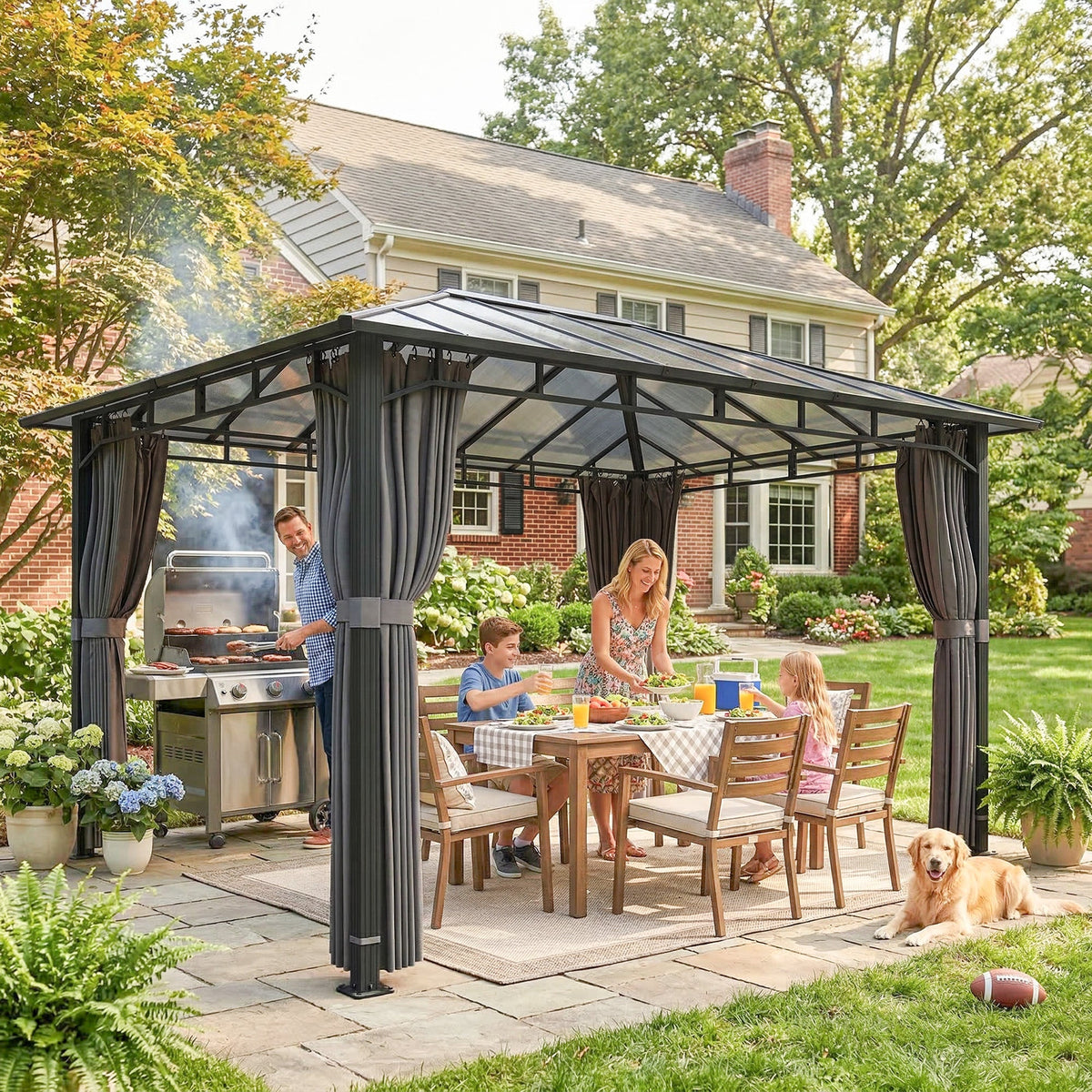 3m x 4m Hardtop Gazebo with 6mm Polycarbonate Roof, Aluminium Permanent Garden Pavilion with Curtains, Dark Grey Outdoor Patio Canopy for Sun, Rain...