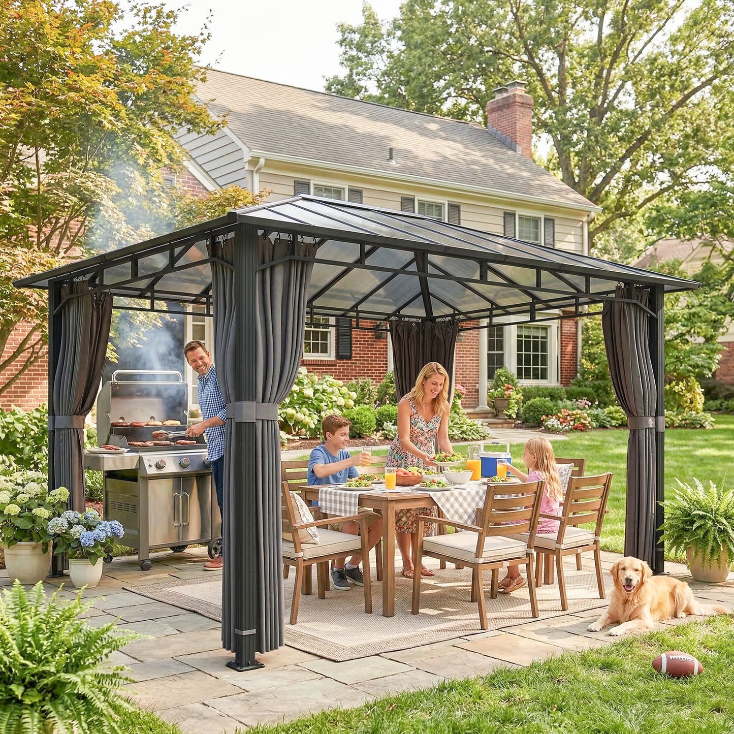 3m x 4m Hardtop Gazebo with 6mm Polycarbonate Roof, Aluminium Permanent Garden Pavilion with Curtains, Dark Grey Outdoor Patio Canopy for Sun, Rain...