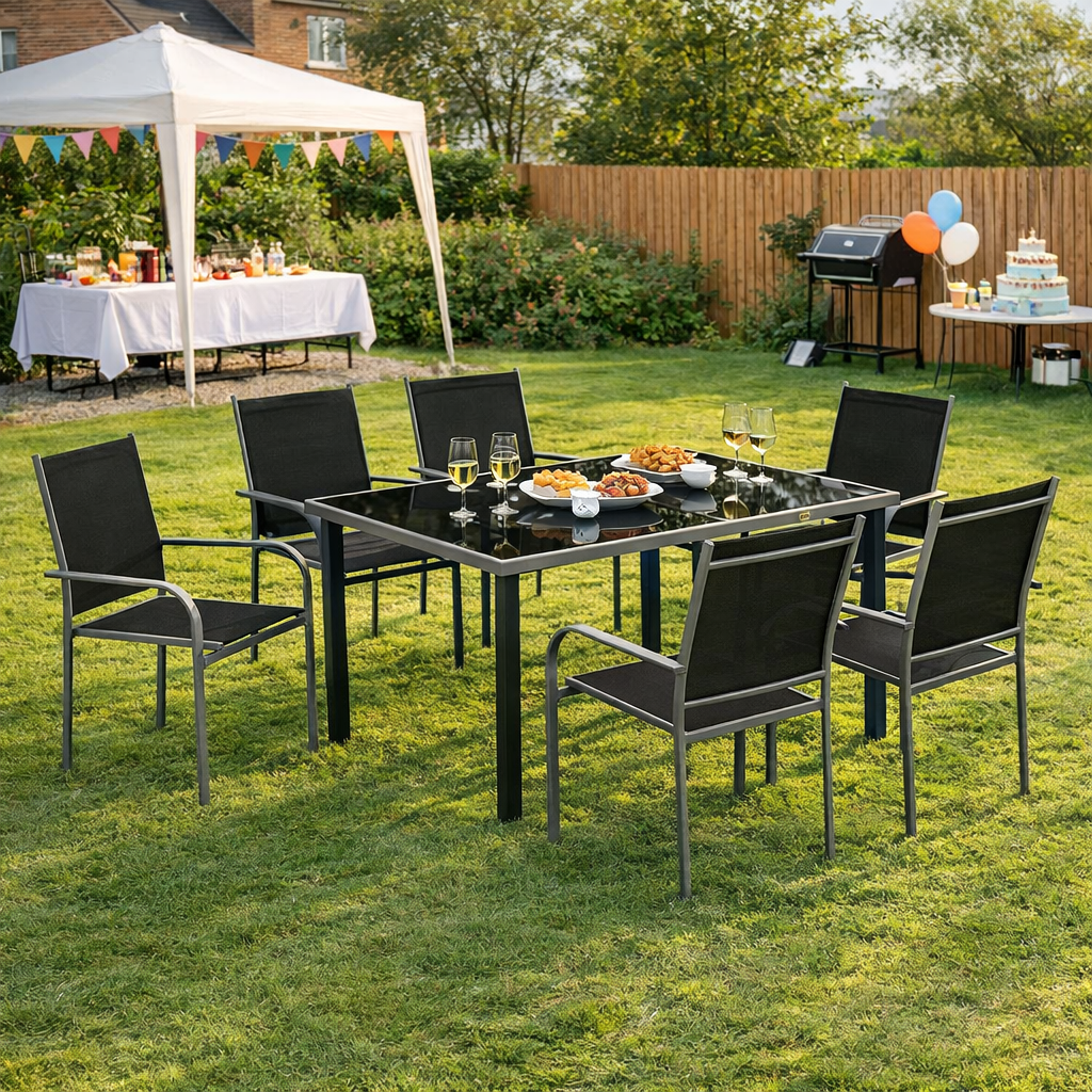 Sorrento 7 Piece Garden Dining Set with Table and 6 Stackable Chairs, Steel Frame, Tempered Glass Top, Mesh Seats