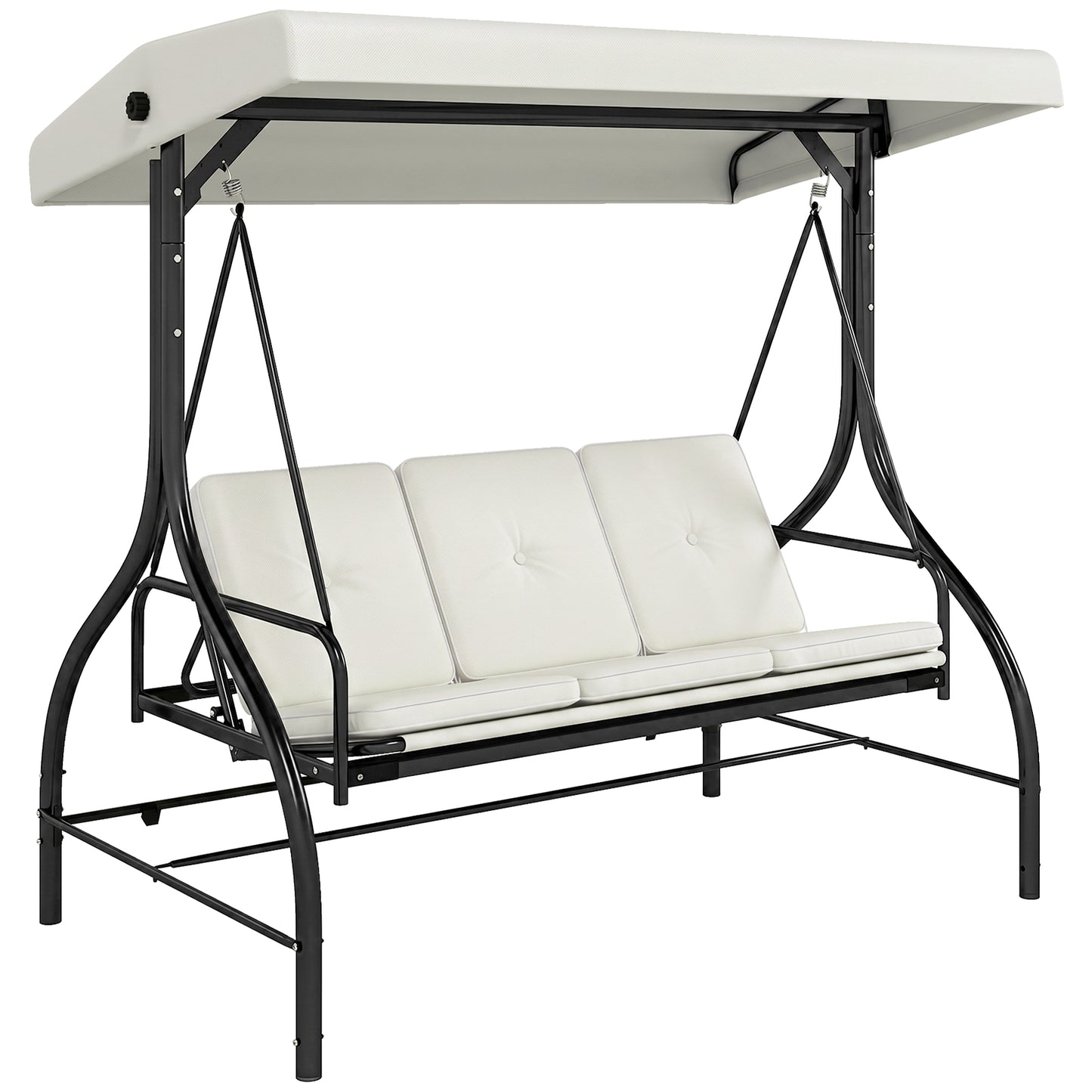 Outsunny 3 Seater Garden Swing Chair, 2 in 1 Convertible Patio Swing Seat Bed with Adjustable Canopy, Cushions and Metal Frame, Outdoor Hammock Bench Chair for Balcony, Terrace, Cream White