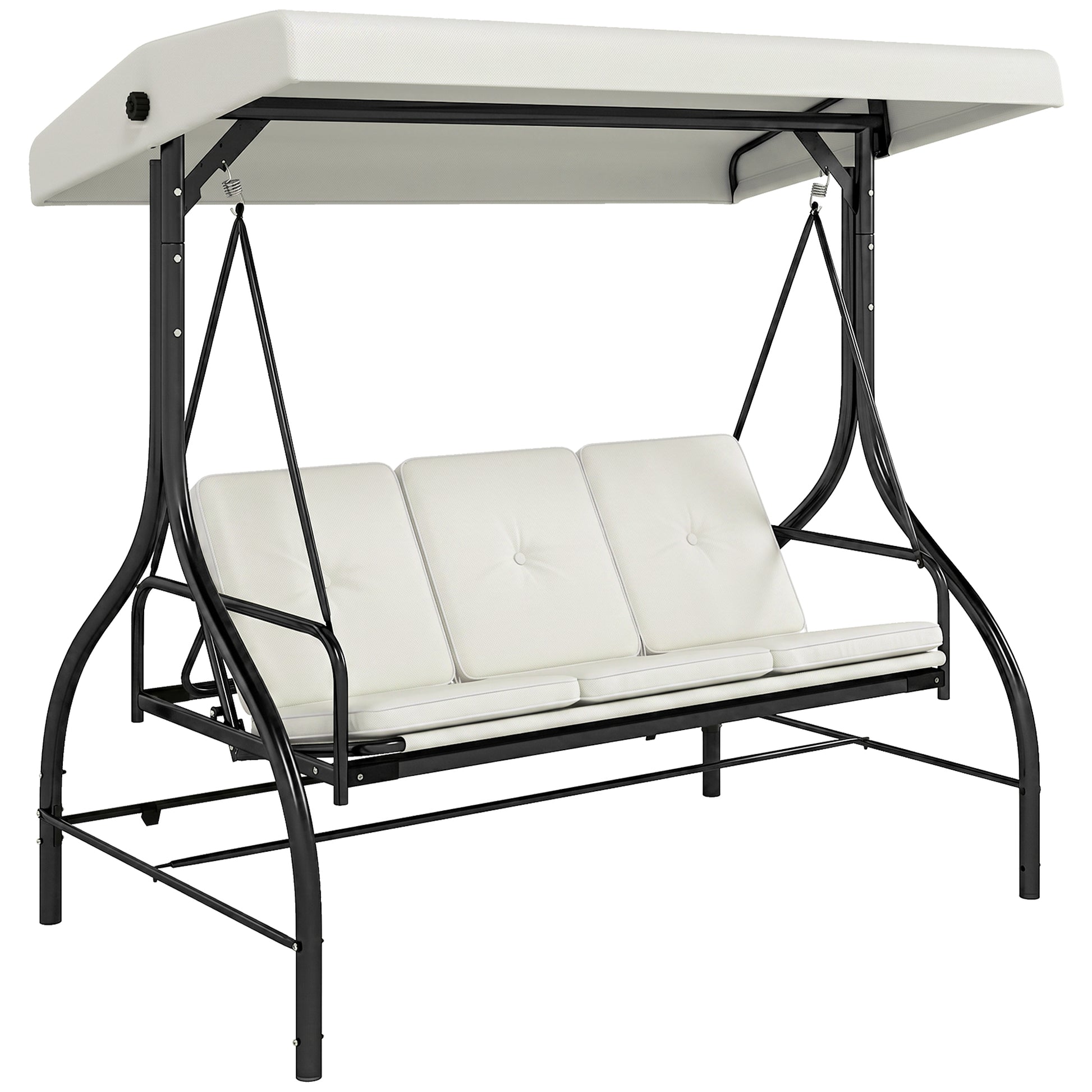 Outsunny 3 Seater Garden Swing Chair, 2 in 1 Convertible Patio Swing Seat Bed with Adjustable Canopy, Cushions and Metal Frame, Outdoor Hammock Bench Chair for Balcony, Terrace, Cream White