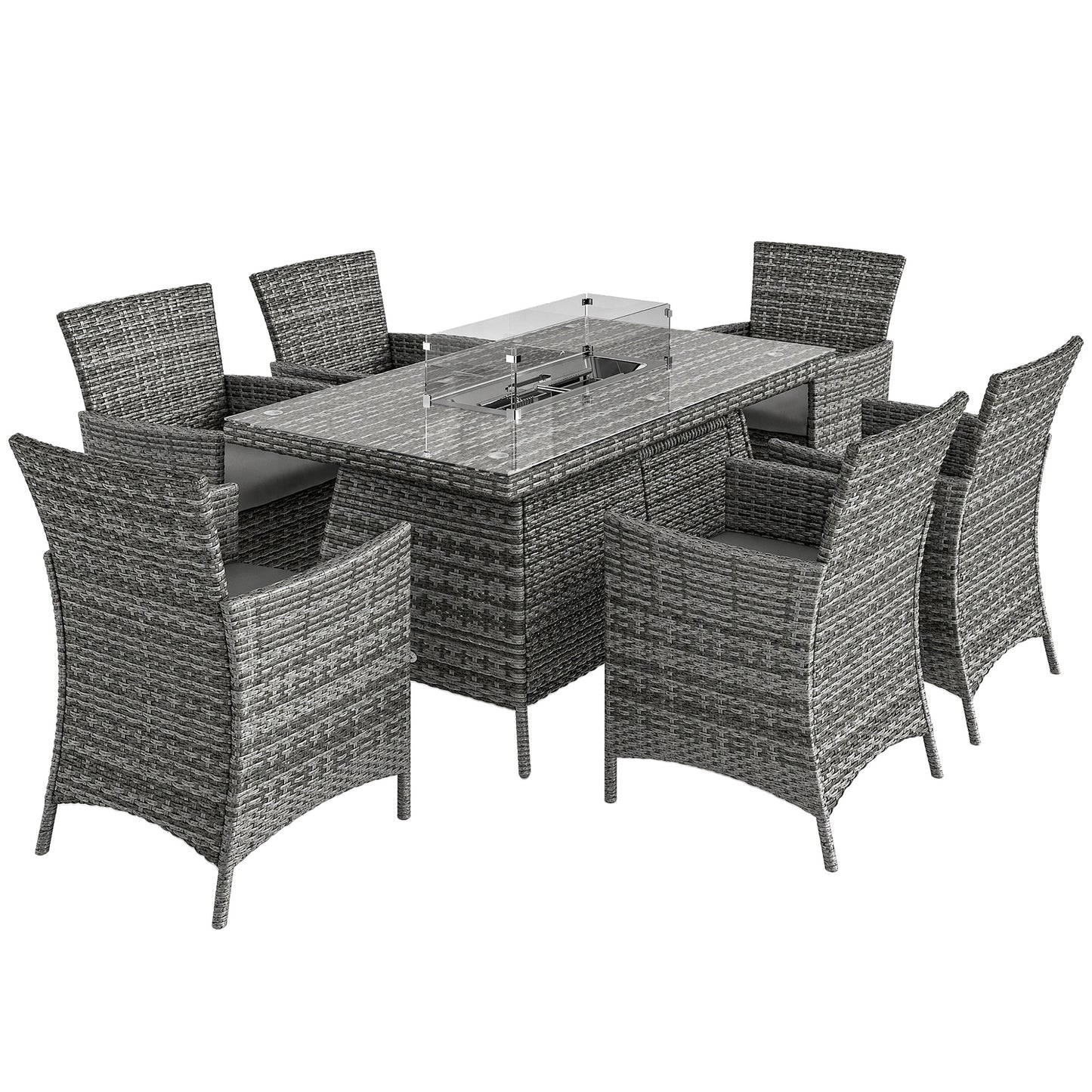 Outsunny 7 Pieces Outdoor Rattan Garden Furniture with Fire Pit Table, 6 Seater Garden Table and Chairs with Cushions, Rattan Dining Set with Propane Heater Table, Windscreen, 50,000 BTU, Grey