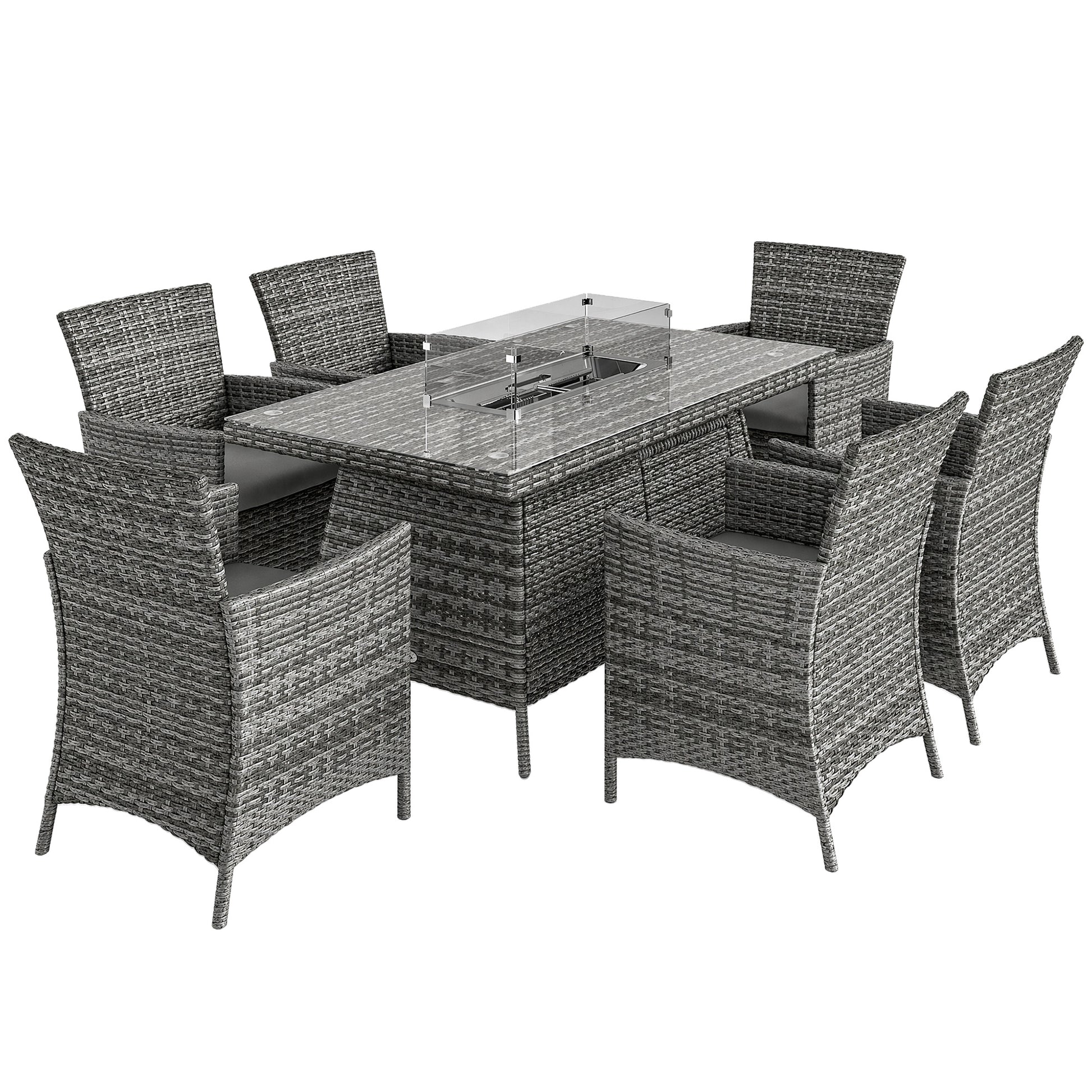 Outsunny 7 Pieces Outdoor Rattan Garden Furniture with Fire Pit Table, 6 Seater Garden Table and Chairs with Cushions, Rattan Dining Set with Propane Heater Table, Windscreen, 50,000 BTU, Grey