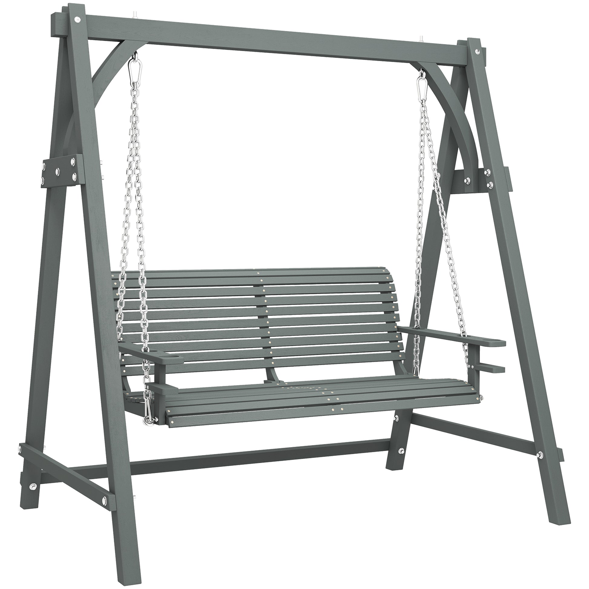 Outsunny 2 Seater Garden Swing Seat, Wooden Swing Chair Bench with Cup Holders for Outdoor Porch Patio, Grey