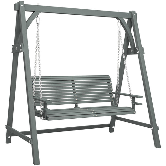 Outsunny 2 Seater Garden Swing Seat, Wooden Swing Chair Bench with Cup Holders for Outdoor Porch Patio, Grey