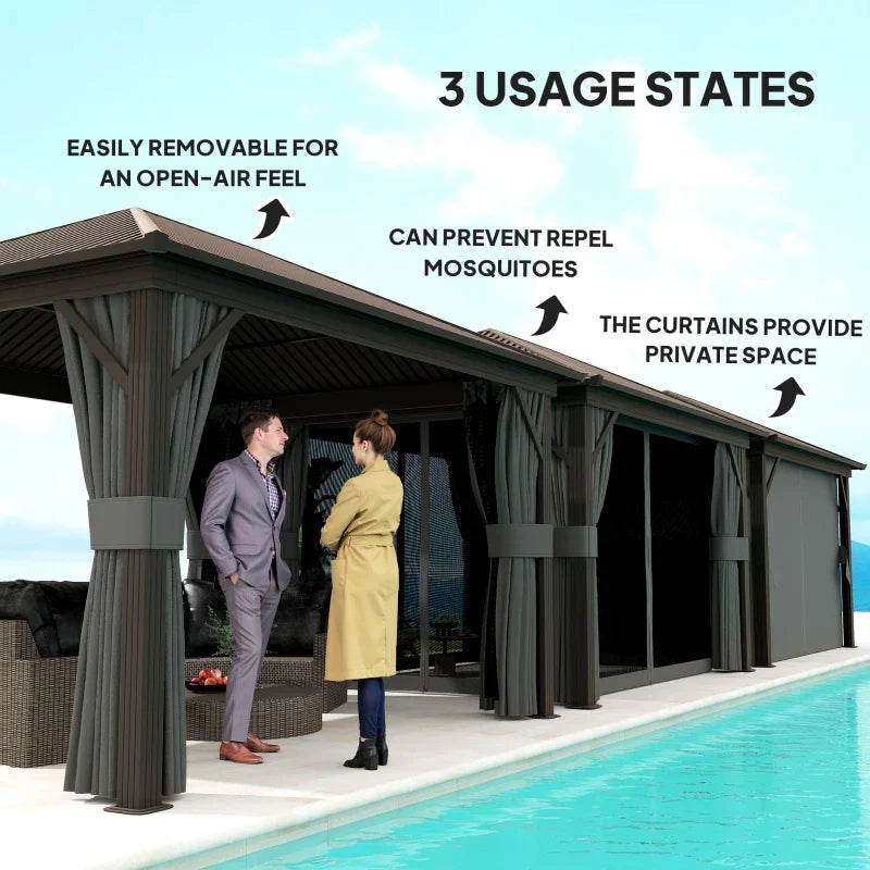 3.6m x 3m Dark Grey Hardtop Garden Gazebo with Aluminium Frame, Metal Roof, Privacy Curtains & Insect Mesh Panels
