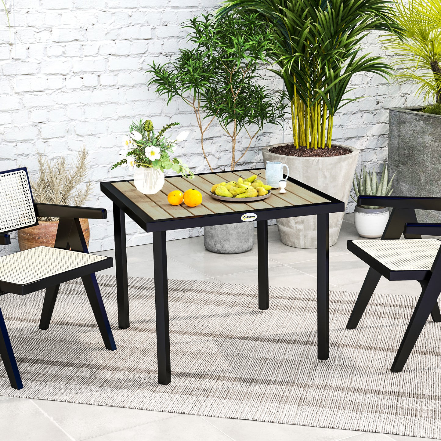 Capri Square Garden Dining Table with 5.4cm Parasol Hole, Slatted Top, Metal Frame, 86 x 86 x 71cm, Brown