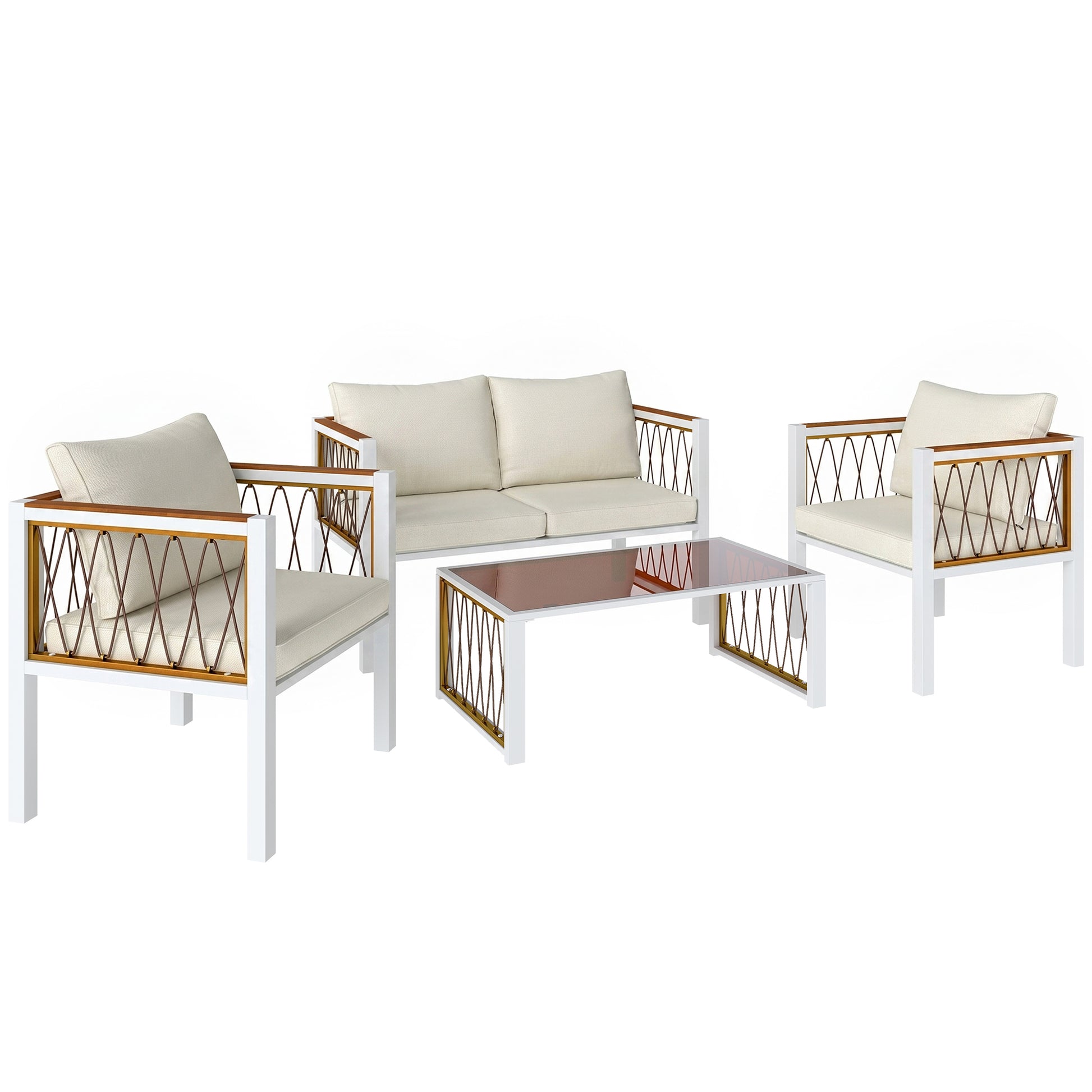 Outsunny 4 Piece Rattan Garden Furniture Set with Loveseat, 2 Armchairs, Cream White