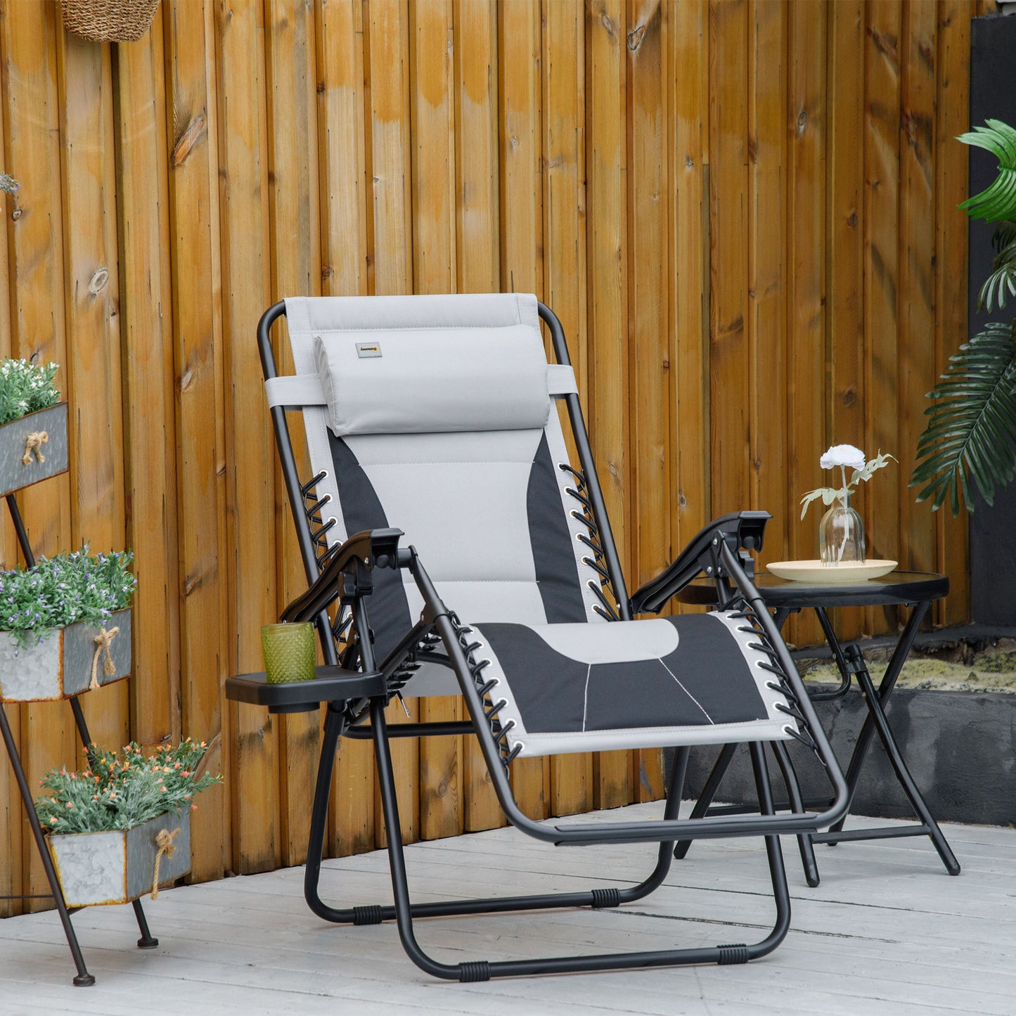 Zero Gravity Lounger Chair, Folding Reclining Patio Chair with Padded Seat, Cup Holder, Soft Cushion and Headrest for Poolside, Camping, Light