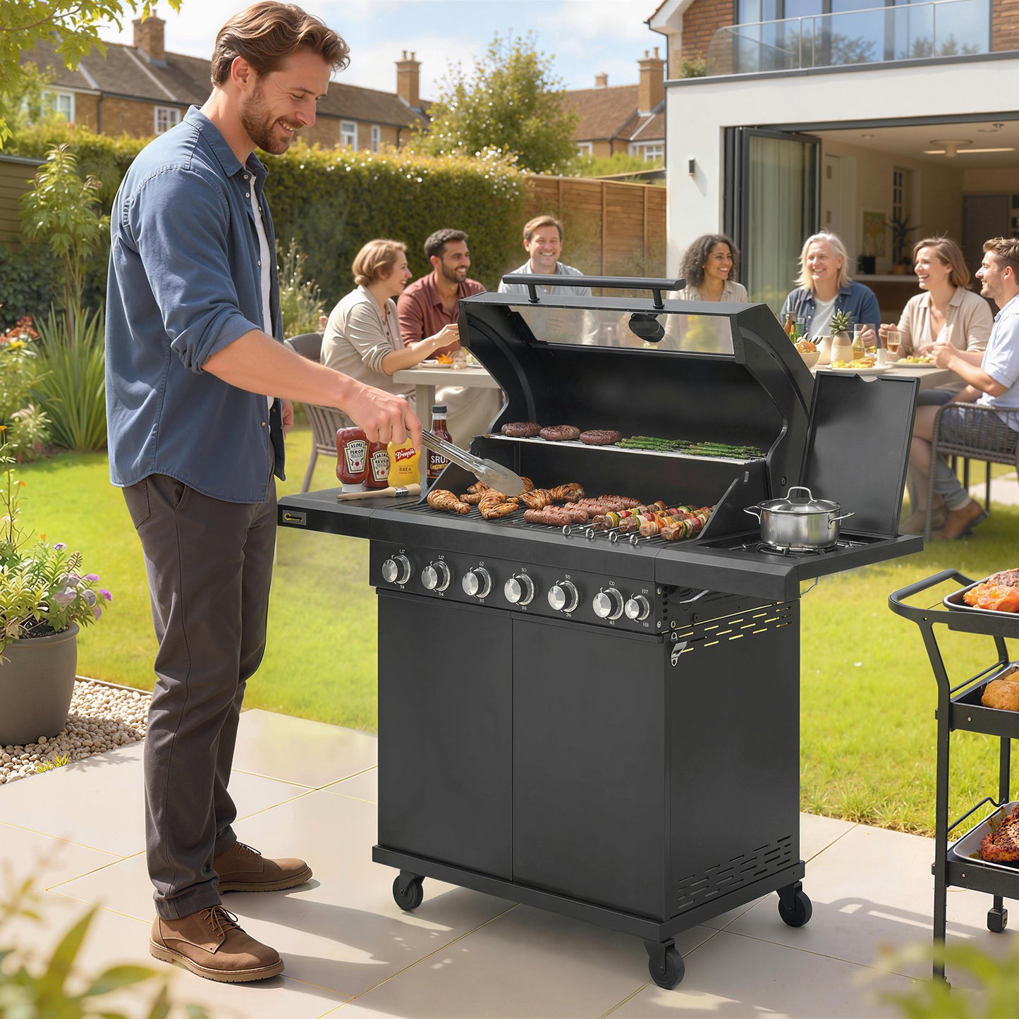 6+1 Burner Gas BBQ, Gas BBQ Trolley with Wheels, Warming Rack, Thermometer, Bottle Opener, Black