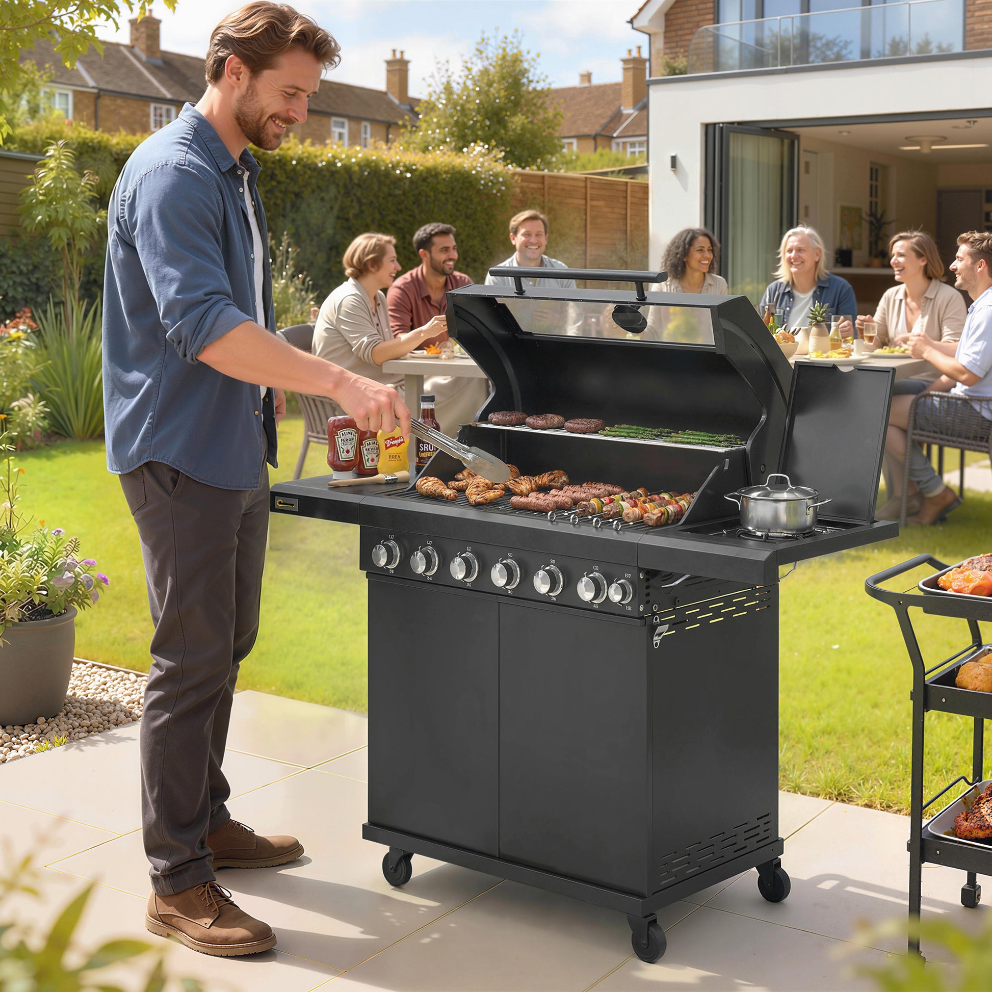 6+1 Burner Gas BBQ, Gas BBQ Trolley with Wheels, Warming Rack, Thermometer, Bottle Opener, Black