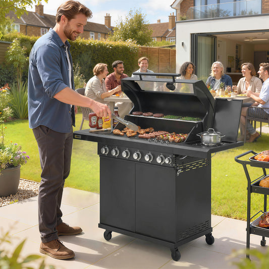 6+1 Burner Gas BBQ, Gas BBQ Trolley with Wheels, Warming Rack, Thermometer, Bottle Opener, Black