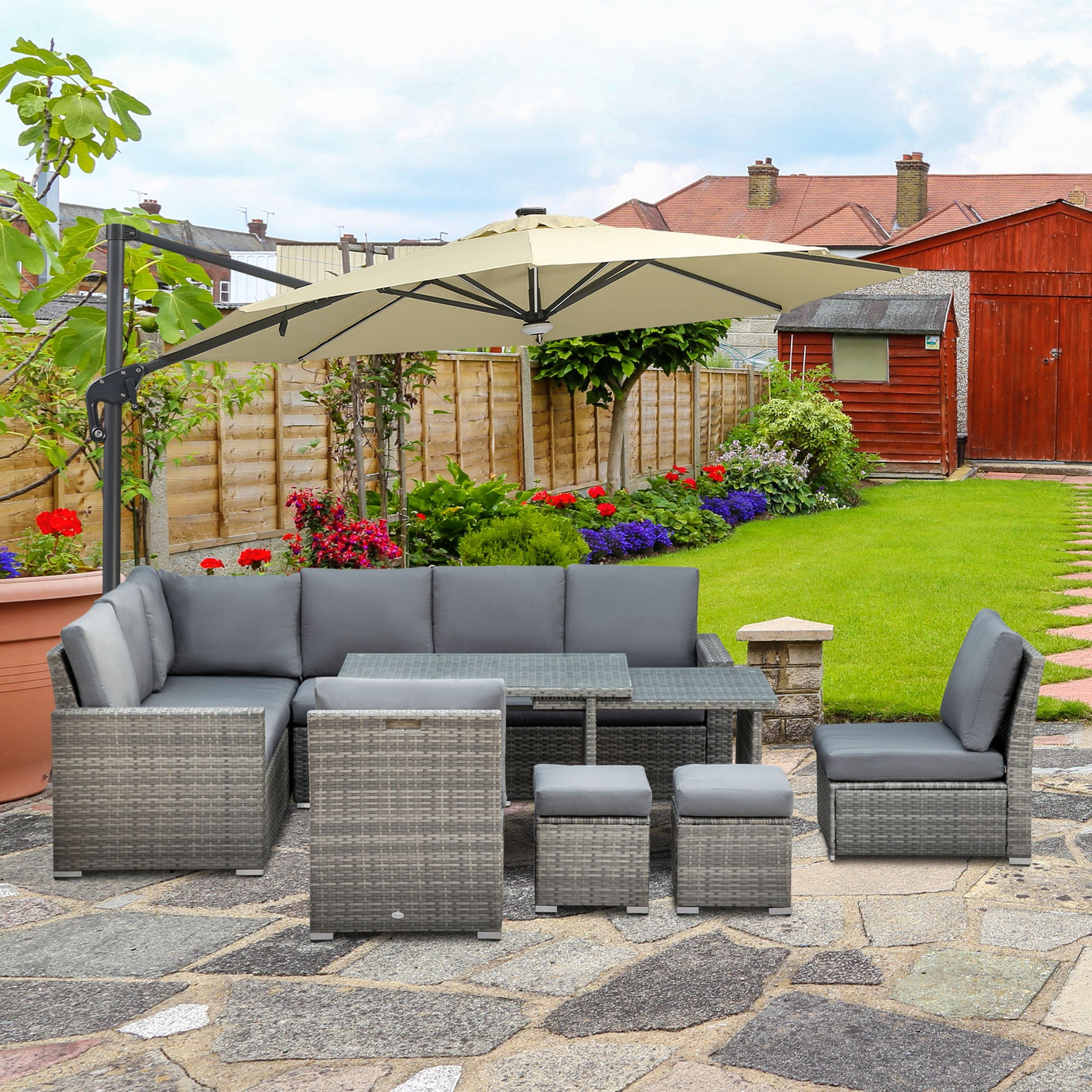 Outsunny Seven-Piece Rattan Garden Sofa Set, with Expanding Table - Grey