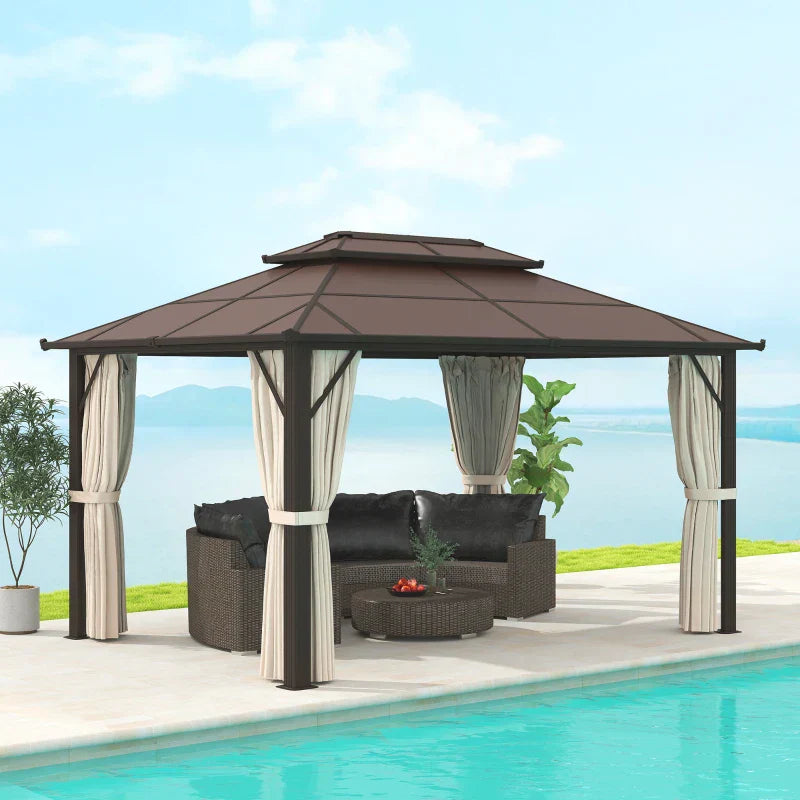 4m x 3m Beige Permanent Hardtop Gazebo – UPF30+ Polycarbonate Double Roof Pavilion with Aluminium Frame, Curtains & Mosquito Netting for Garden, Patio & Deck