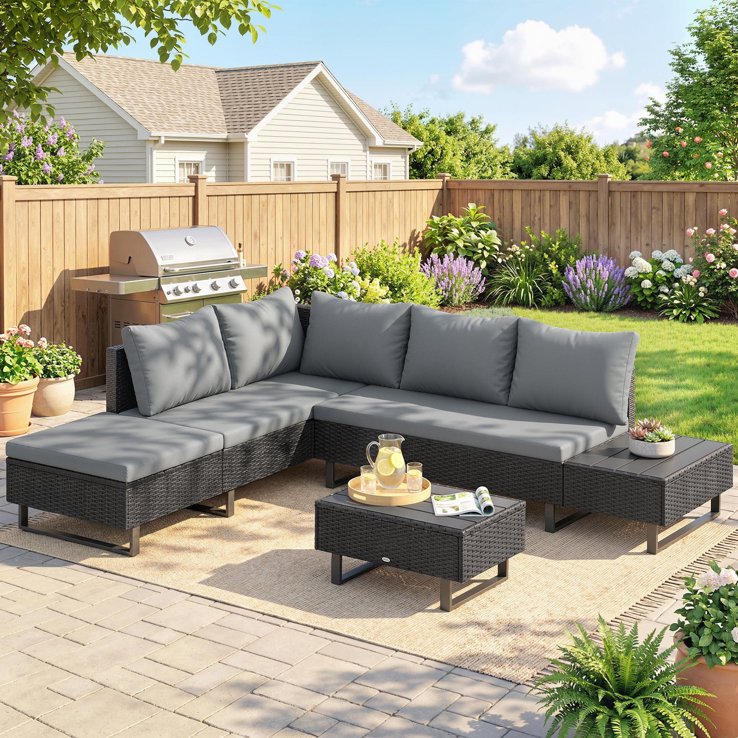 Marbella 5 Seater Rattan Garden Furniture Set, L Shaped Garden Corner Sofa, Adjustable Back, Faux Wood Table