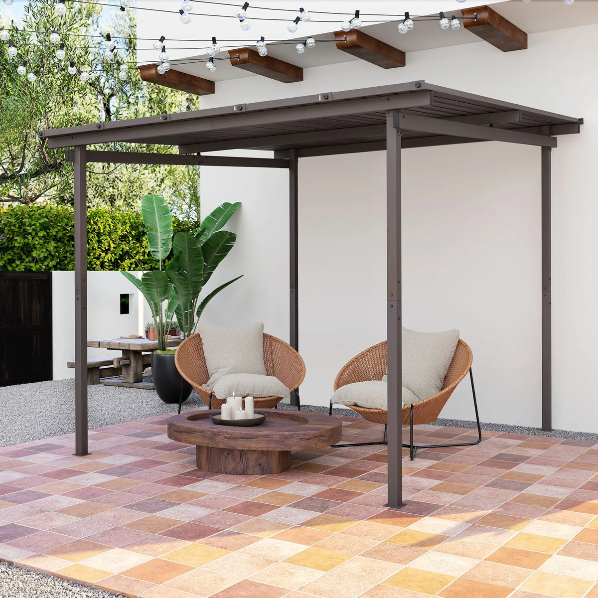 3m x 3m Lean – To Metal Pergola – Brown Wall Mounted Outdoor Patio Shade Shelter