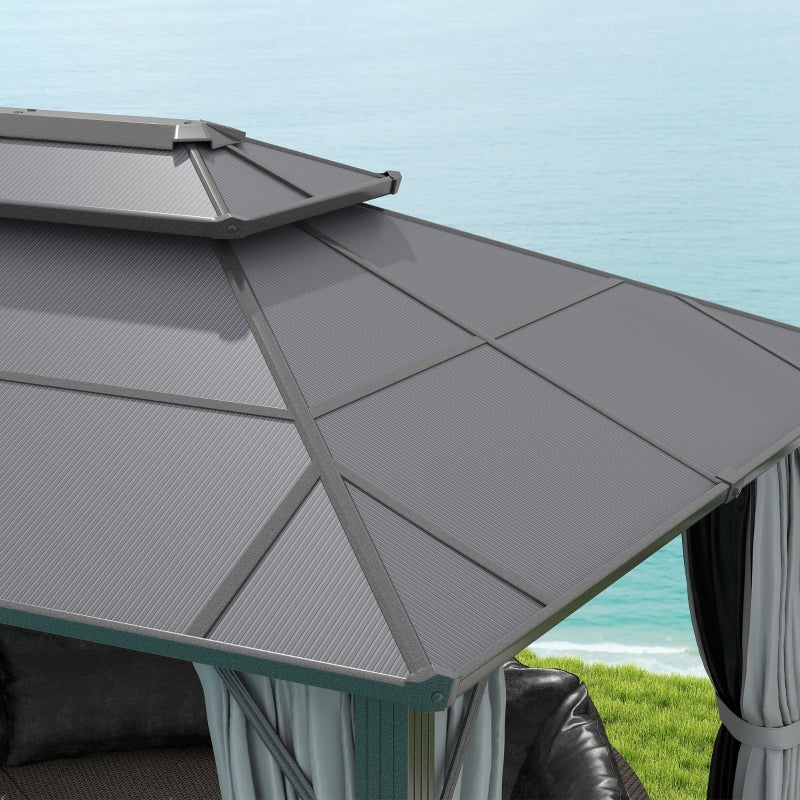 4m x 3m Grey Aluminium Hardtop Gazebo Pavilion – UPF30+ Polycarbonate Roof Outdoor Garden Shelter with Privacy Curtains & Insect Netting