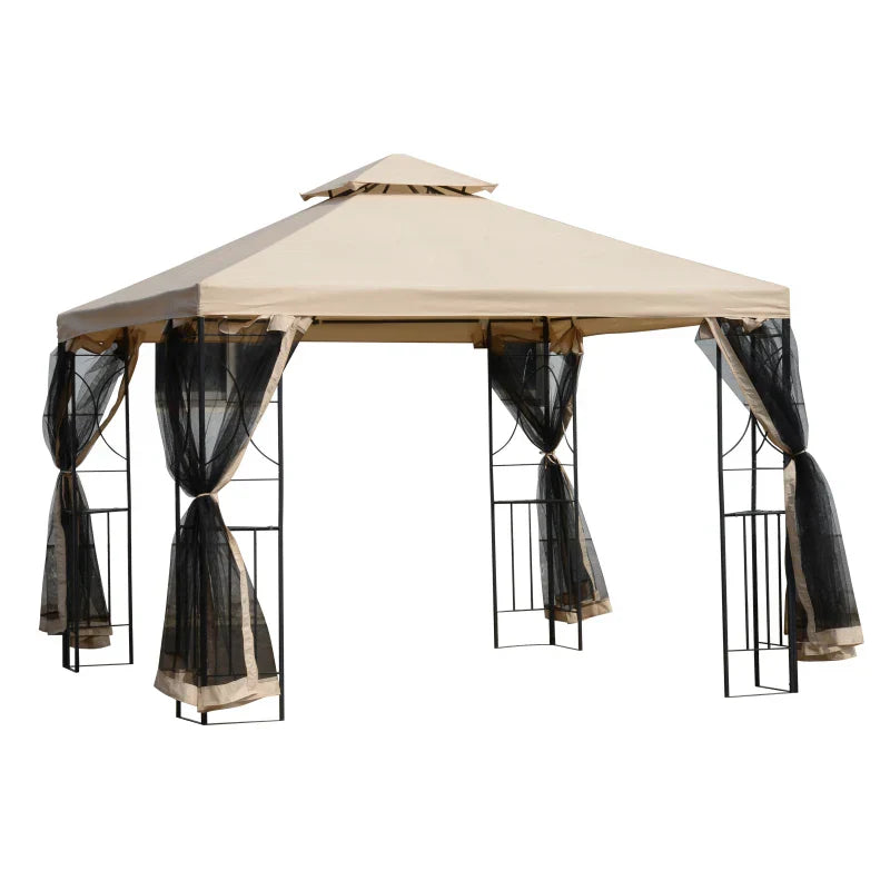 Beige 3m x 3m Hardtop Gazebo – Double Tier Roof Garden Shelter with Net Curtains and Storage Trays