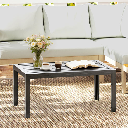 Marbella Outdoor Side Table, Rectangular Patio Coffee Side Table with Steel Frame and Slat Tabletop for Garden