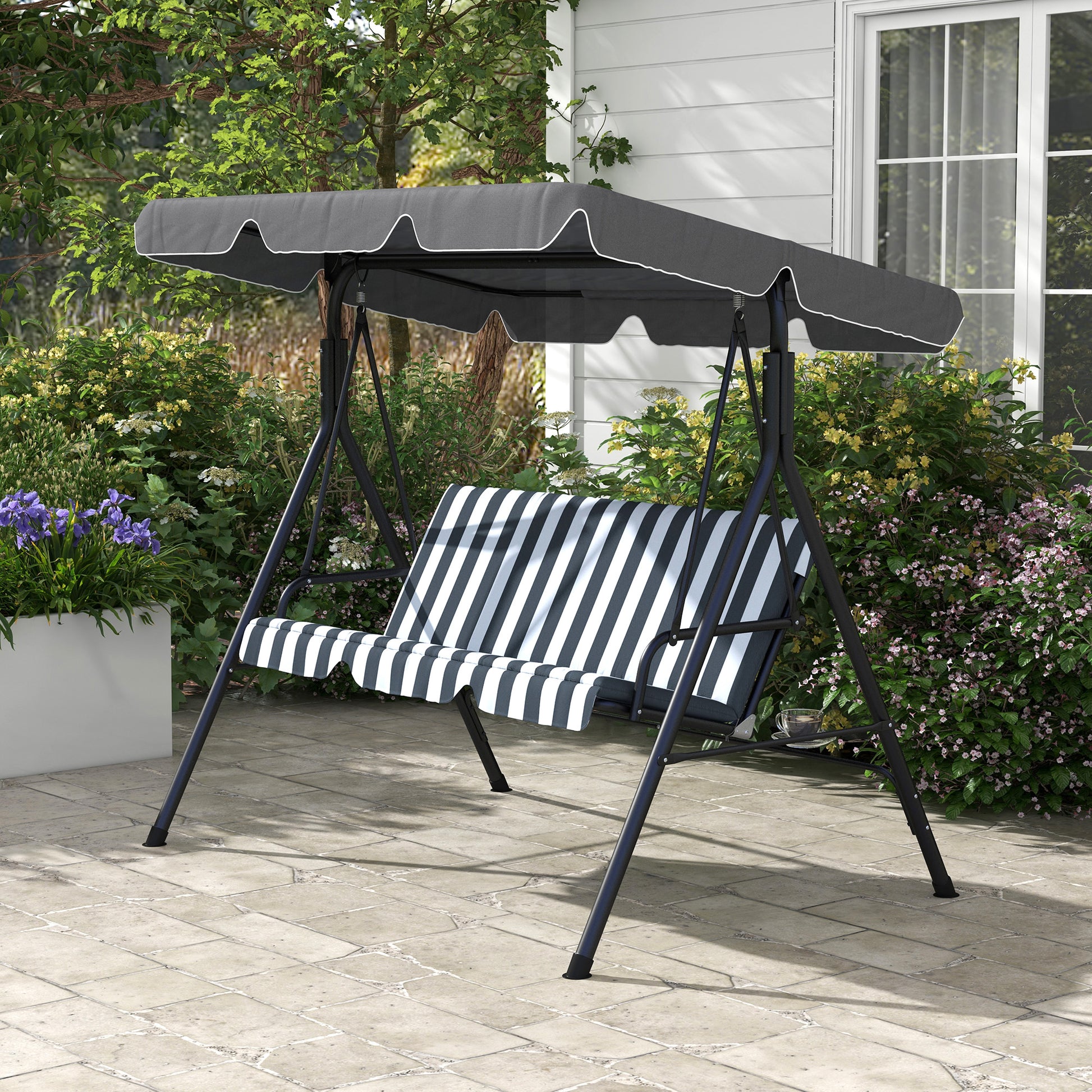 Outsunny 3 Seater Garden Swing Chair, Outdoor Swing Chair with Adjustable Canopy, Mental Frame & Cushions, Grey