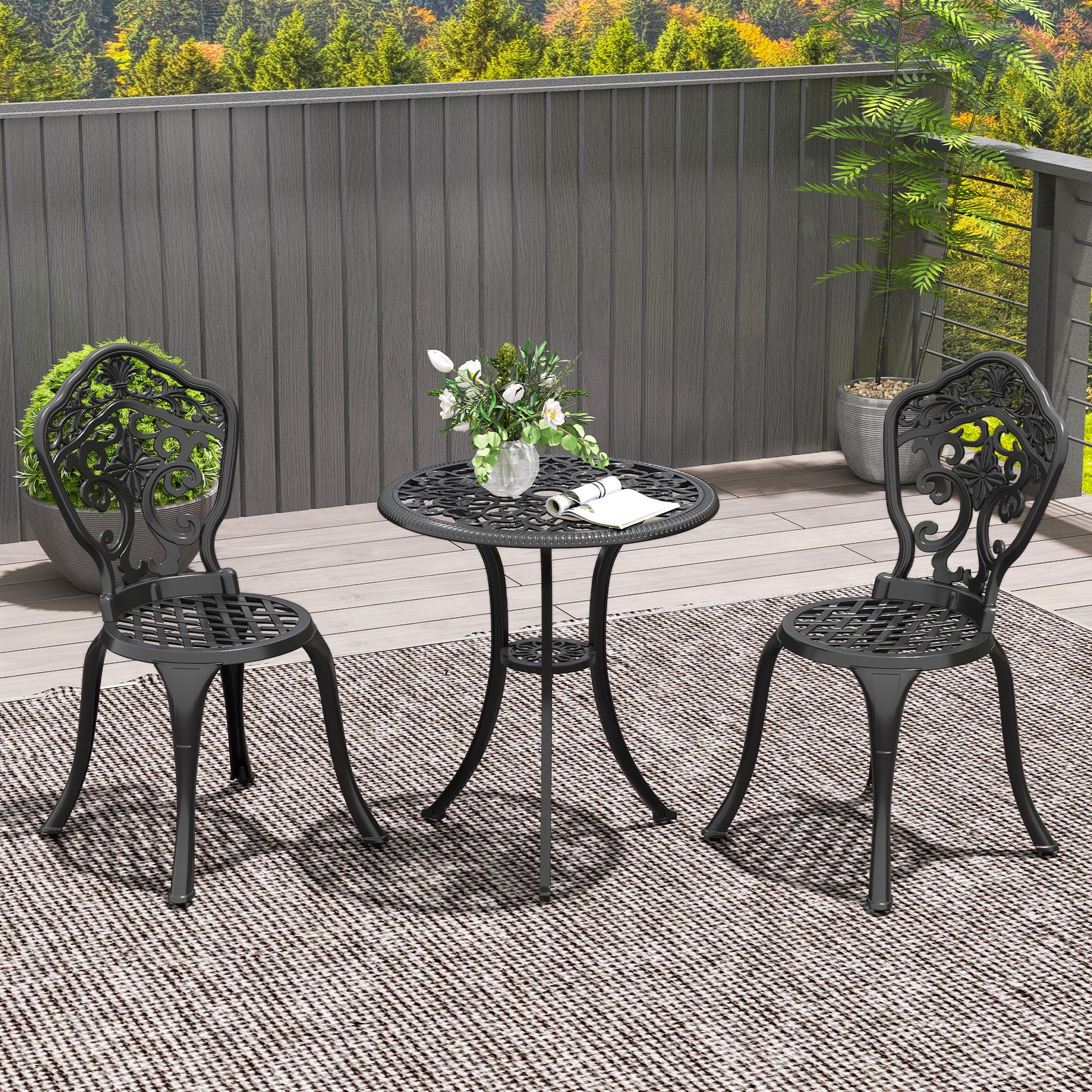 Mediterraneo Three-Piece Aluminium Floral Bistro Set - Black