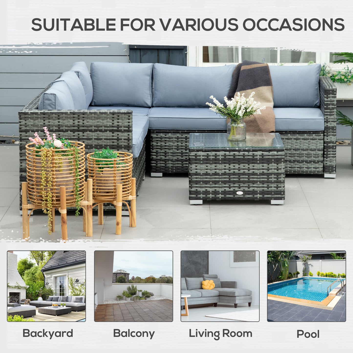 Outsunny Four-Piece Rattan Sofa Set with 11 Cushions, Steal Frame - Grey