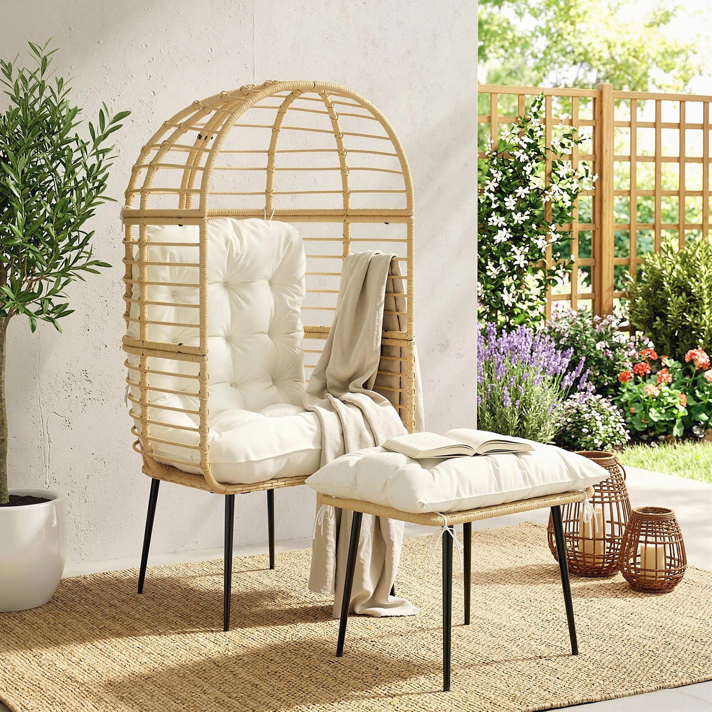 Tivoli Garden Egg Chair with Footstool, Rattan Lounge Chair and Ottoman Set with Thick Cushions, Beige