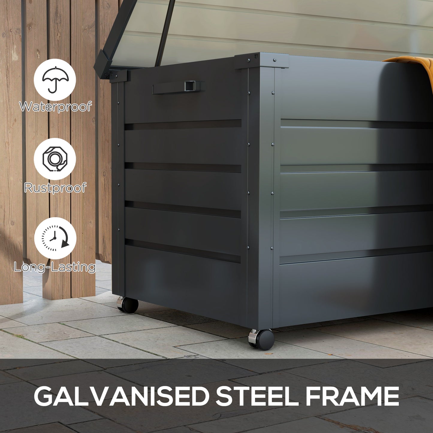 Outsunny - 311L Galvanised Steel Garden Storage Box, with Wheels, Lockable, Dark Grey