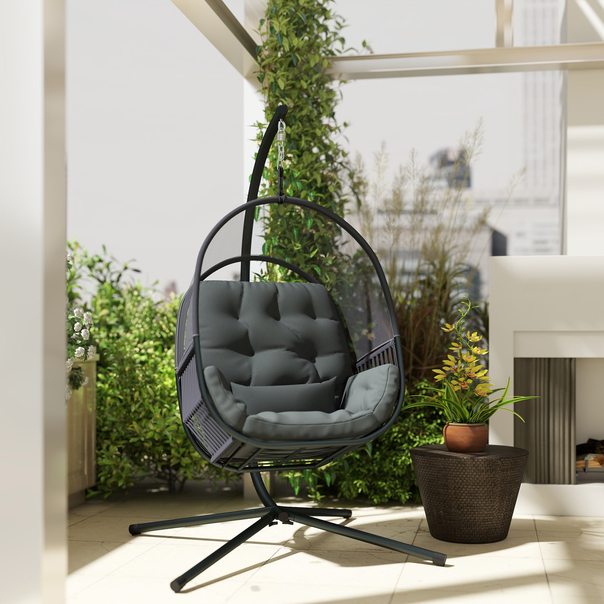 Outsunny Hanging Egg Chair, with Cushion - Dark Grey