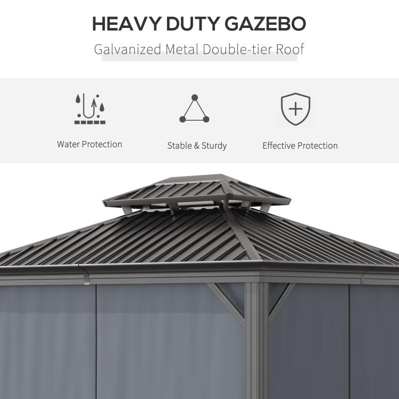 Grey 3.65m x 3m Premium Hardtop Gazebo with Double-Tier Roof, Aluminium Frame, Curtains & Removable Mesh Screens
