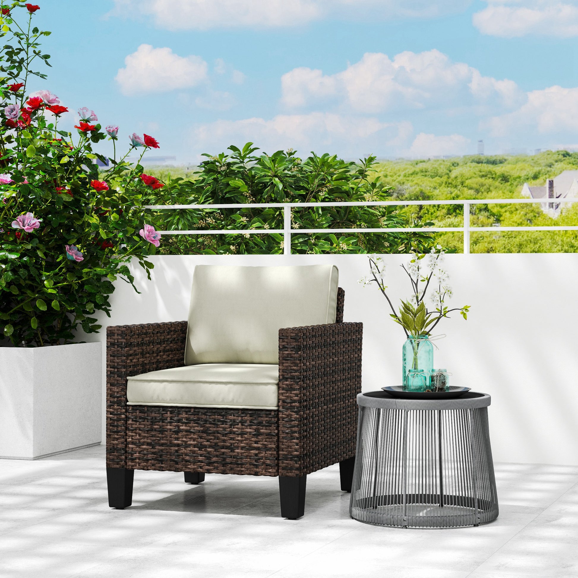 Marbella Single Rattan Armchair, with Cushions - Brown
