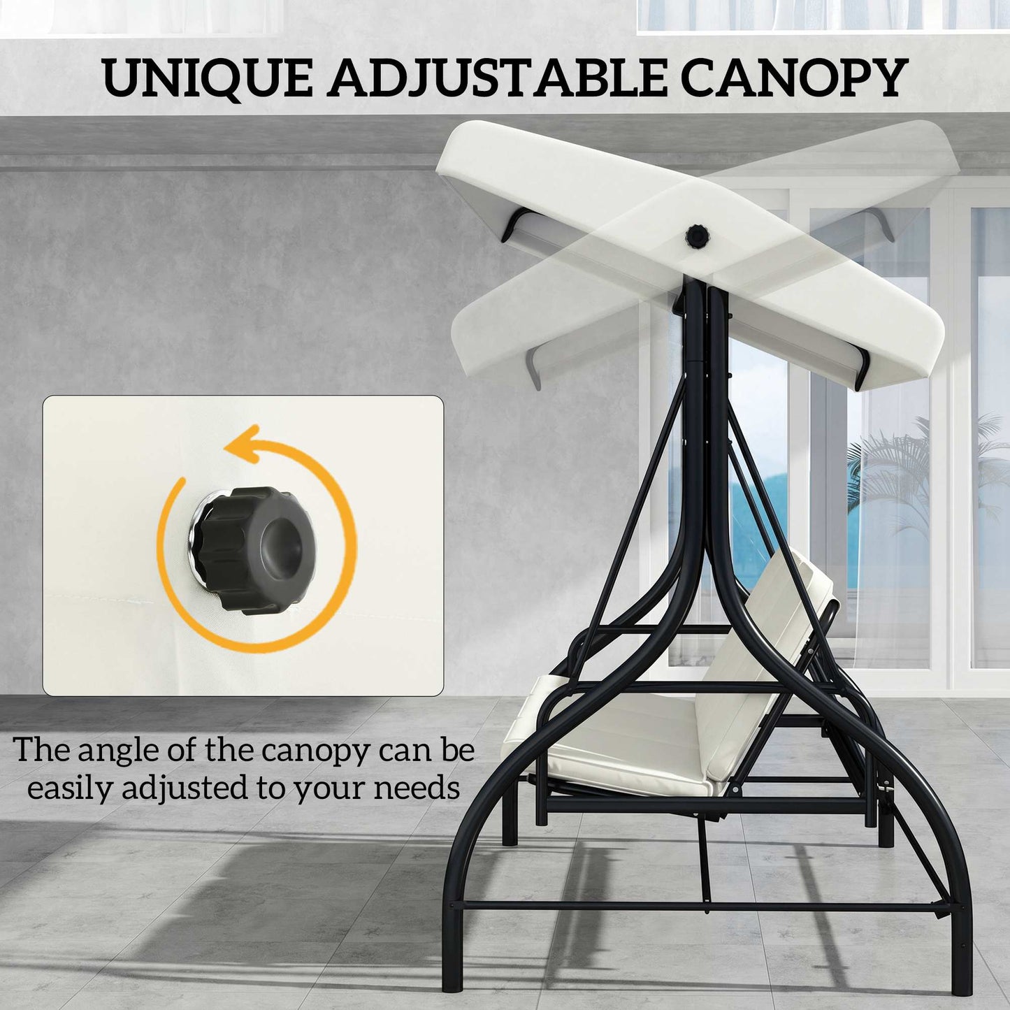 Outsunny 3 Seater Garden Swing Chair, 2 in 1 Convertible Patio Swing Seat Bed with Adjustable Canopy, Cushions and Metal Frame, Outdoor Hammock Bench Chair for Balcony, Terrace, Cream White
