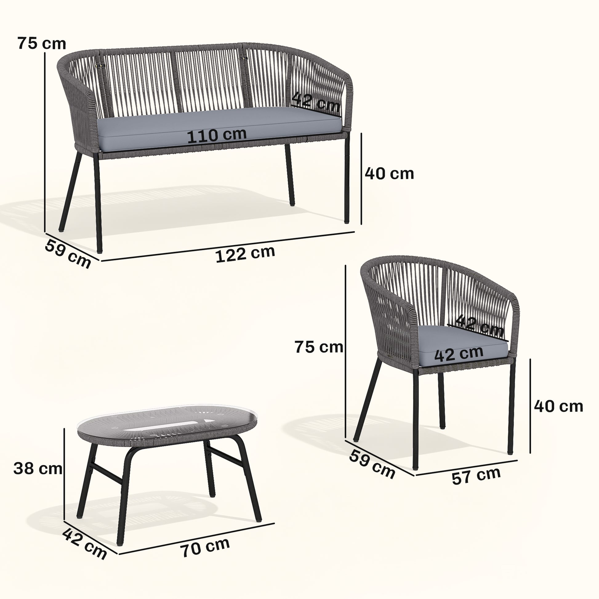 Outsunny 4 Piece Garden Furniture Set, Rope Garden Sofa Set with 1 Loveseat 2 Chairs Tempered Glass Table Cushions, Dark Grey