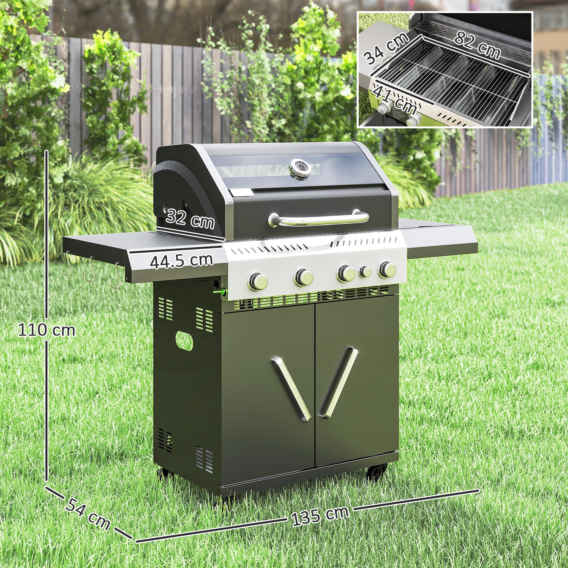 Outsunny 4+1 Burner Gas BBQ Grill with Clear View Lid, Portable Gas Barbecue Grill with Built-in Thermometer, Side Table, Cabinet, Wheels, Grease Tray for Garden Party Outdoor Cooking, Black